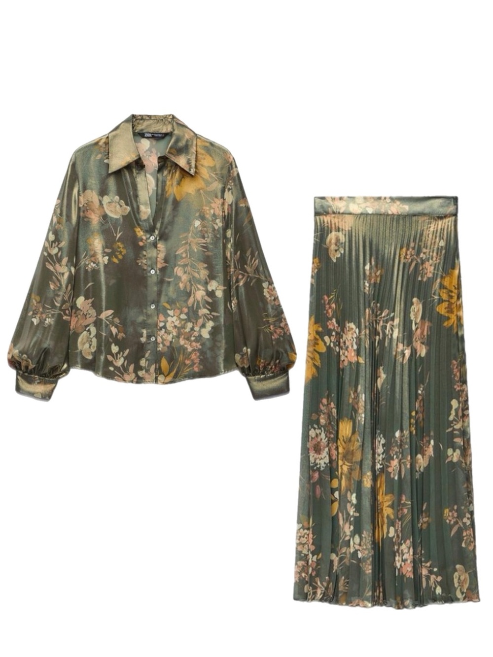 Zara Olive Green Floral Satin Button-Up Blouse Set !